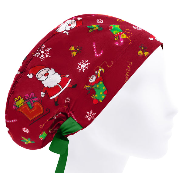 Women Scrub Cap Christmas, Cotton Surgical Hat Holiday Santa
