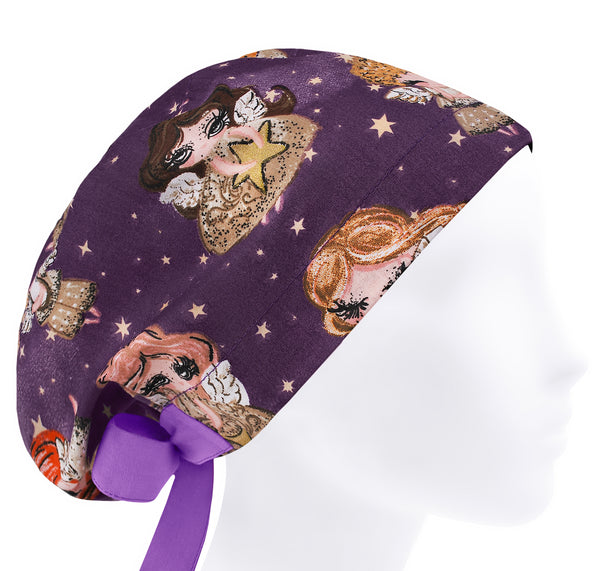Women angel scrub cap, purple surgical cap, stars scrub hat