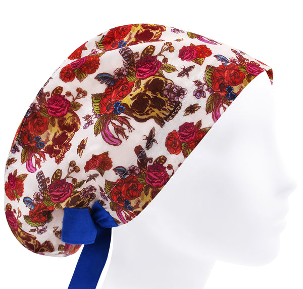 Skull and Roses Scrub Cap For Women, Halloween Surgical Hat
