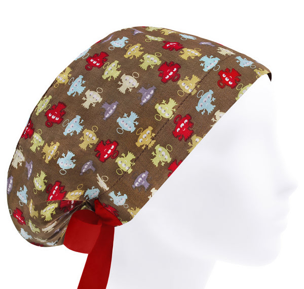 Women scrub cap funny cartoon, aliens scrub hat, brown surgical cap