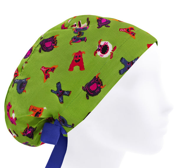 Letters surgical cap for women, cartoon scrub cap, monsters green scrub hat