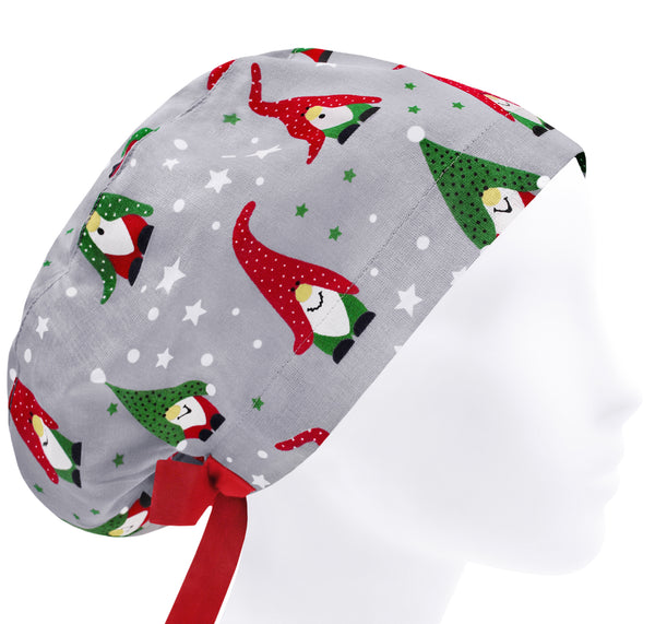 Women Scrub Cap Christmas Tree, Cotton Surgical Hat Holiday Gnomes