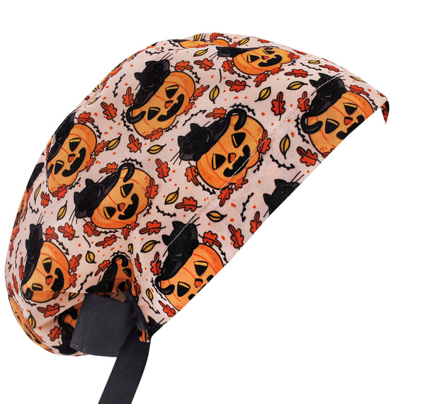 Halloween Scrub Cap For Women, Fall Themed Euro Surgical Scrub Hat Cat