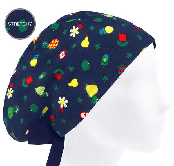 Women surgical scrub cap stretchy, summer euro scrub hat fruit, turtle nurse cap