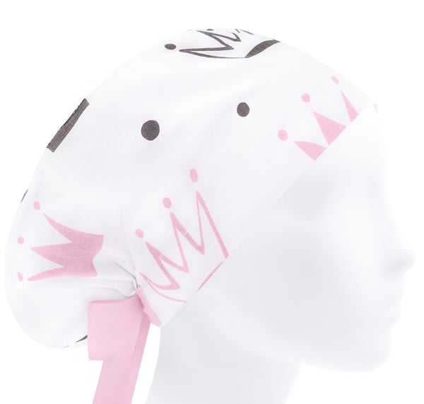Women scrub cap pink crown, white surgical cap women, scrub hat queen