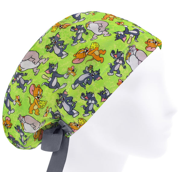 Cartoon scrub cap Cat and Mouse, funny adjustable surgical hat for women