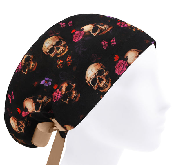 Skull and Rose Euro Scrub Cap, Womens Surgical Hat, Nurse Medical Bonnet