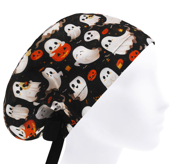 Halloween Pumpkin Scrub Hat for Women, Ghost Surgical Scrub Cap