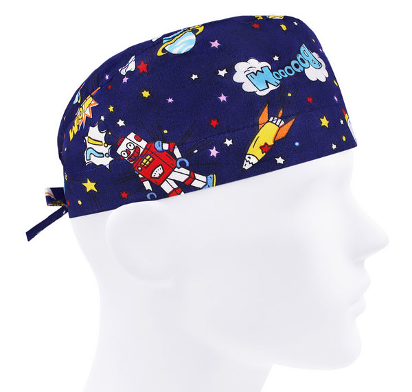 Space scrub cap for men, robot surgical cap, rocket scrub hat