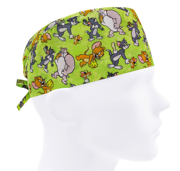 Scrub cap cat and mouse, cartoon surgical hat green, men doctor cap