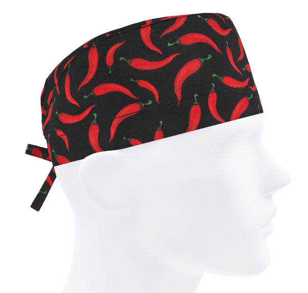 Men scrub cap chili pepper, hot men scrub cap, black chef hat, red pepper scrub cap