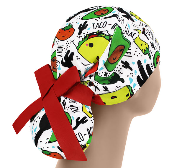 Guacamole scrub cap for women, Mexican ponytail cap avocado and chili design, adjustable surgical hat