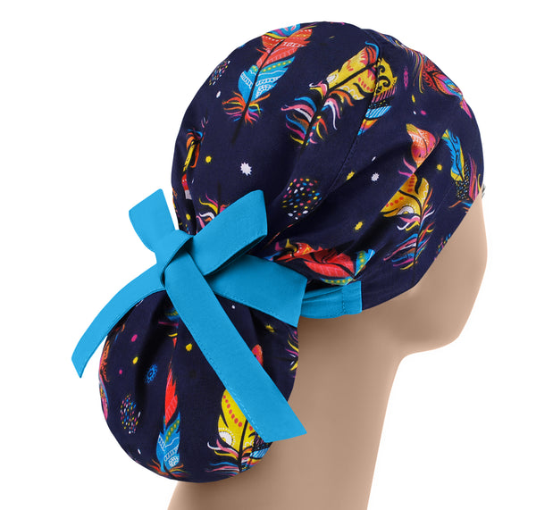 Women scrub cap ponytail, bird print scrub hat, surgical hat feathers