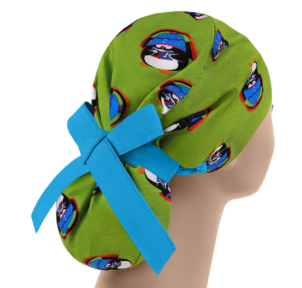 Cute penguin scrub cap for women, ponytail scrub hat bird print, surgical hat
