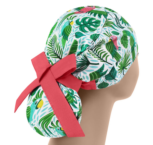 Birds and leaves scrub cap for women, parrot scrub hat ponytail, colorful surgical hat