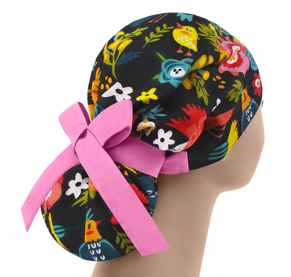 Birds and flowers scrub cap for women, surgical hat ponytail, cute scrub hat