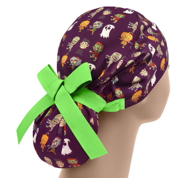 Halloween scrub cap for women, ponytail surgical scrub hat funny monsters