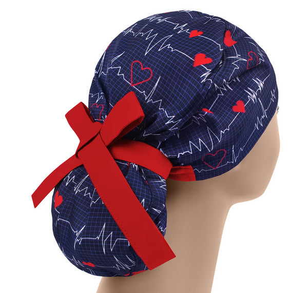 EKG scrub cap, heartbeat ponytail scrub hat, women scrub hat big hair, surgical cap cardiology