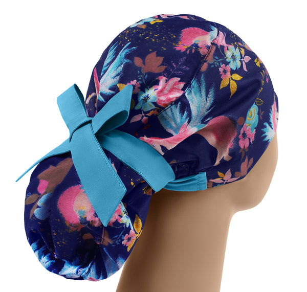 Unicorn scrub cap for women, ponytail scrub hat, surgical scrub hat flowers