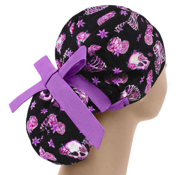 Women scrub cap skeleton flowers, long hair scrub hat, surgical cap skull roses