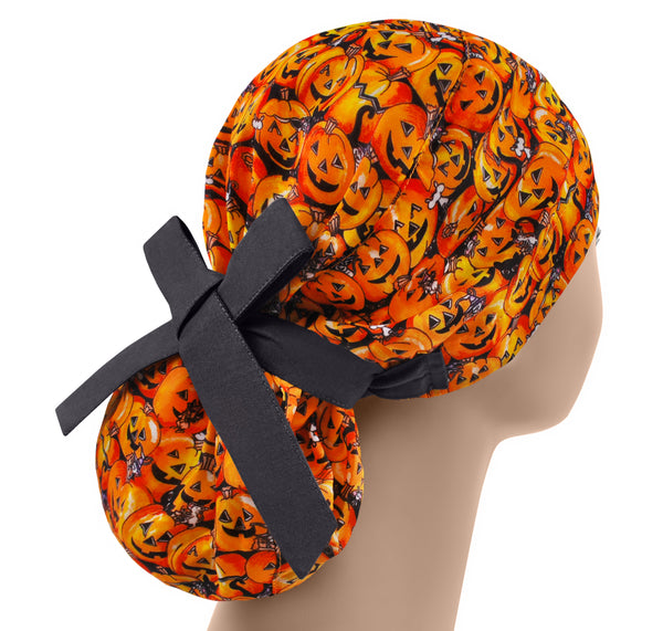 Halloween Ponytail Scrub Cap For Women, Pumpkin Jack Surgical Scrub Hat