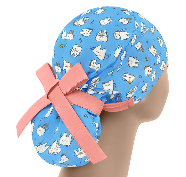 Dentist scrub cap ponytail, women surgical cap, teeth scrub hat, blue nurse hat
