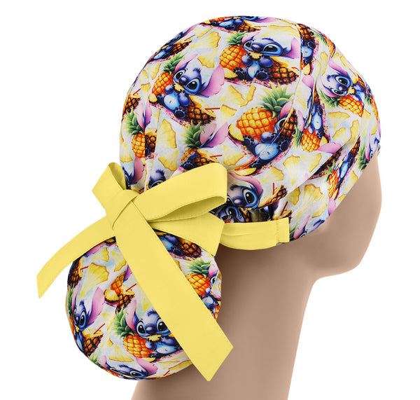Funny pineapple ponytail scrub cap, adjustable cartoon surgical hat for women