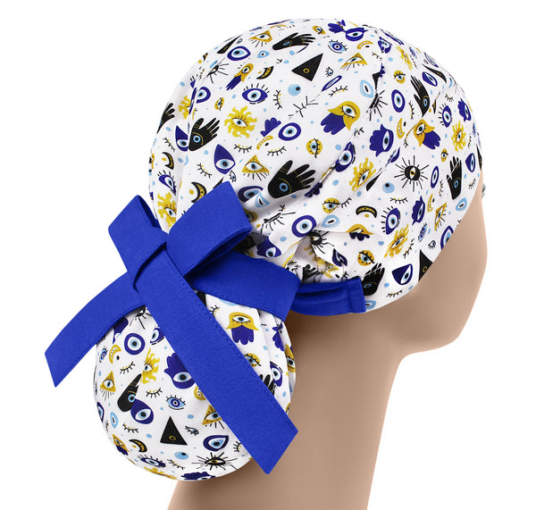 Evil eye scrub cap women, long hair surgical hat amulet, ophthalmology scrub hat
