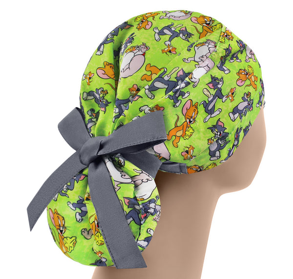 Cartoon Cat and Mouse ponytail scrub cap, funny adjustable surgical hat for women braids, dreadlocks