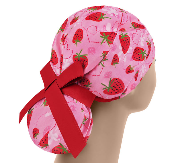 Strawberry scrub cap, pink surgical cap women, scrub hat summer, adjustable ponytail