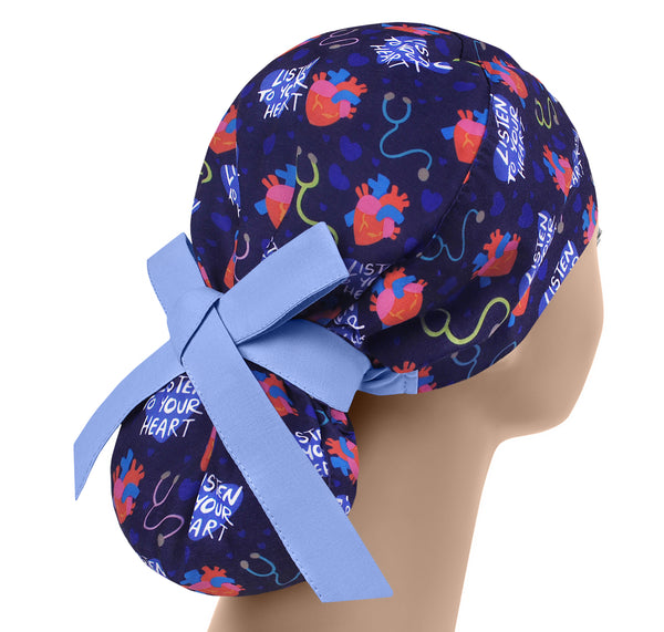 Heart scrub hat for women, ponytail scrub cap cardiology, stethoscope RN hat, blue surgical cap, cardiologist gift