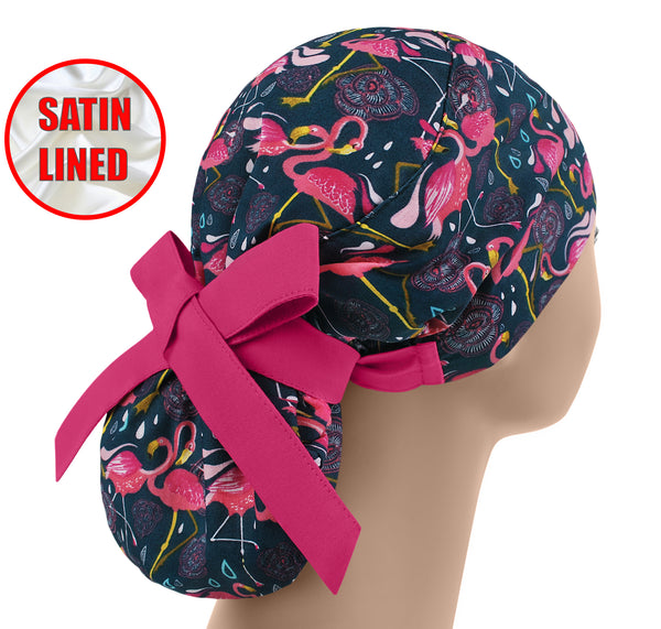 Flamingo satin lined scrub cap, women ponytail scrub hat, surgical cap
