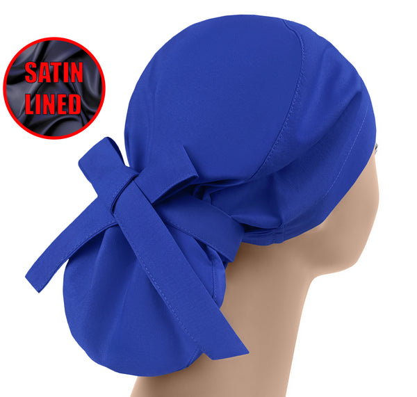 Royal blue satin lined scrub hat, ponytail surgical scrub cap women