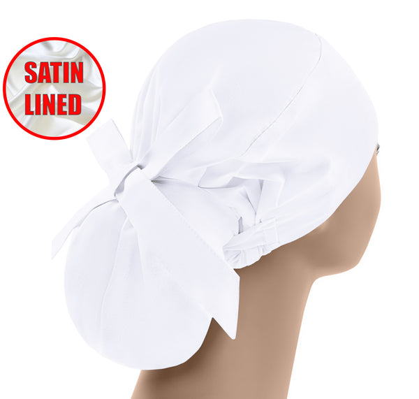 White satin lined ponytail, scrub cap, surgical cap women, scrub hat