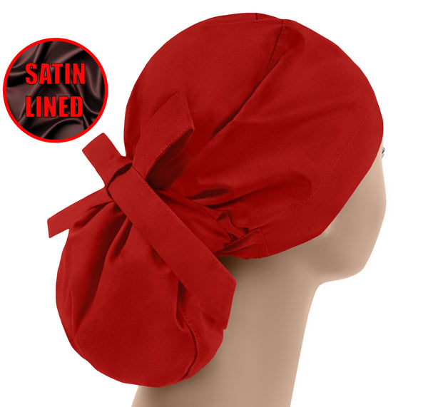 Red satin lined scrub hat, ponytail surgical scrub cap