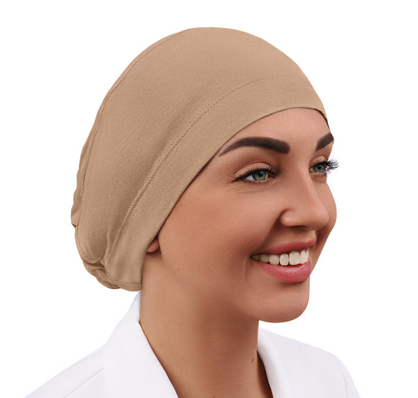 Stretchy beige scrub cap, women soft scrub hat, surgical cap